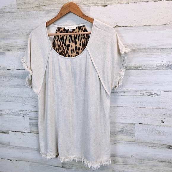 Umgee Womens Boho Linen Cotton Fringe Leopard Print Top 2X Oatmeal Neutral Chic - Picture 3 of 12